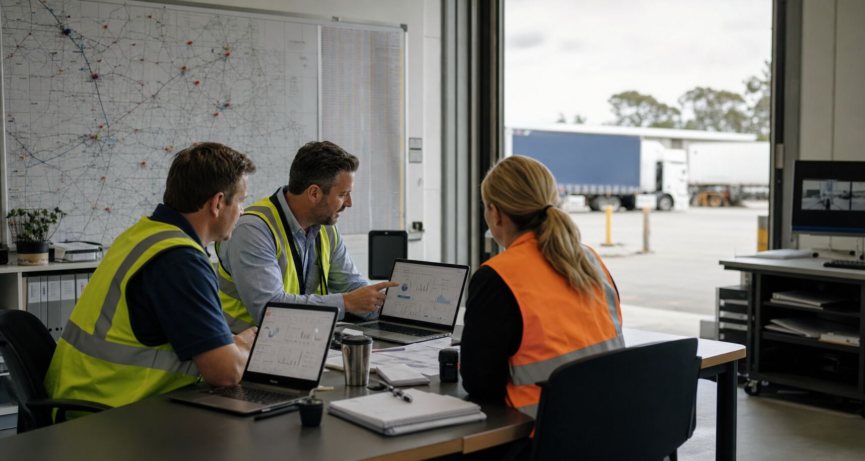 Transport consultant and operators reviewing route and fleet performance in a depot office